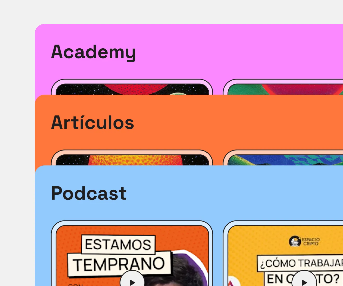 Colorful UI sections labeled Academy, ArtÃculos, and Podcast, each with bold text.
