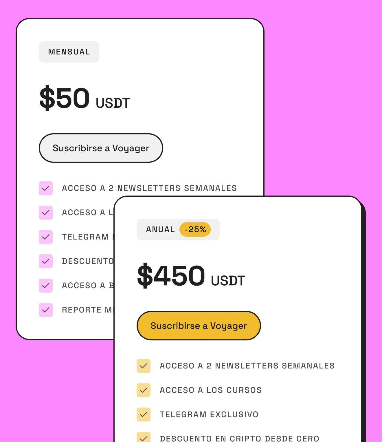 Two Voyager subscription plans on a pink background, showing monthly and annual pricing and features.