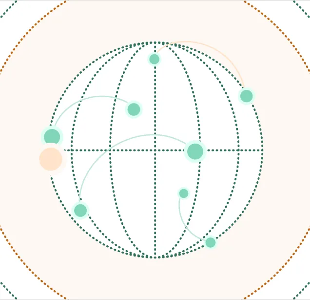 Stylized dotted-line globe with colored nodes and connecting lines on a light background.