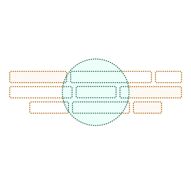 Minimalist design with a large dotted green circle and flowing orange and green rectangles on a white background.