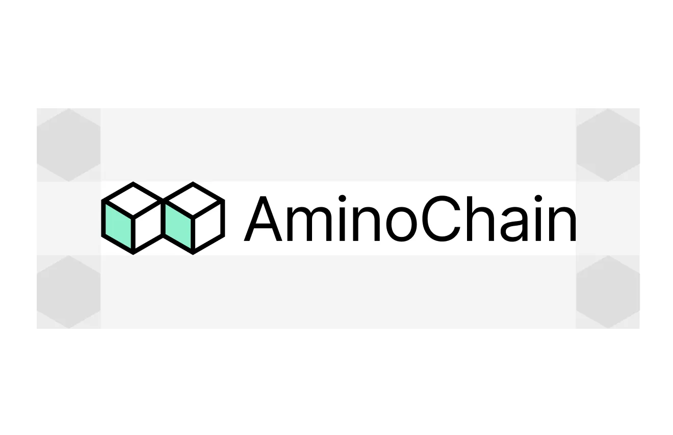 AminoChain logo with overlapping cubes and bold text on a hexagon-patterned gray background.