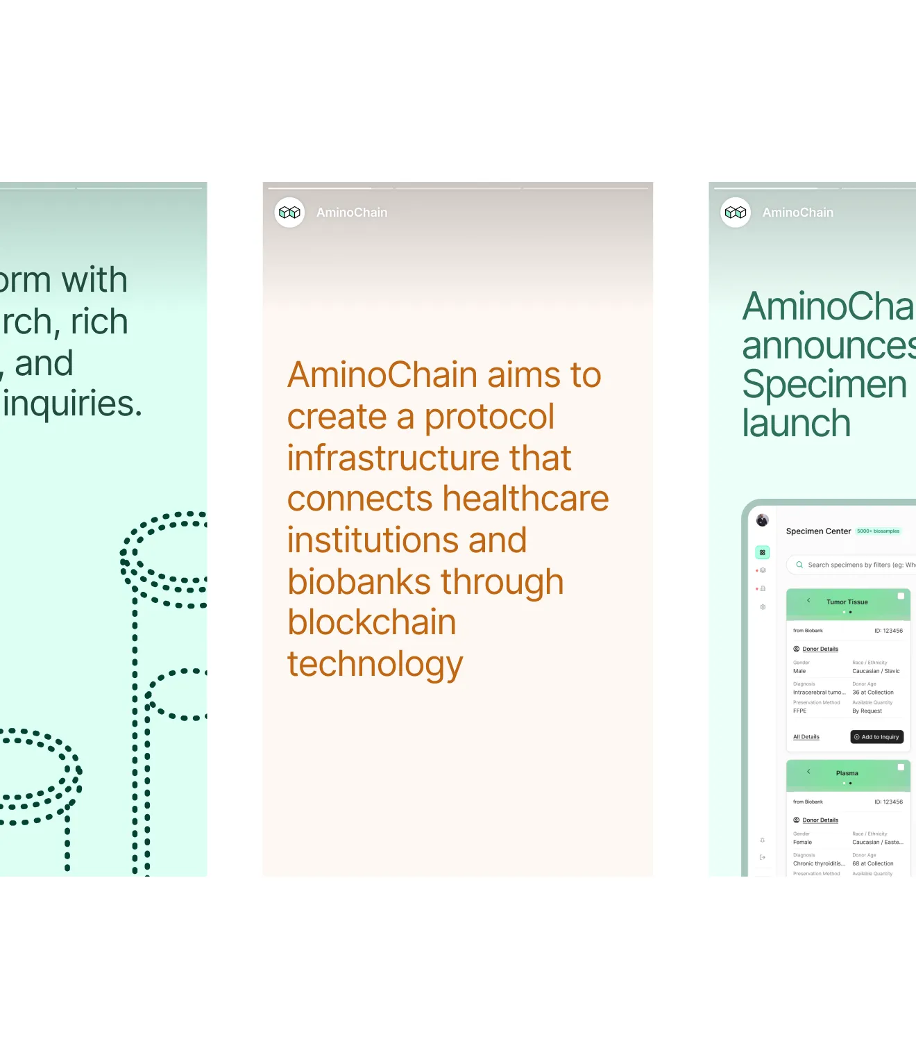 Three AminoChain info panels with platform details, protocol goals, and Specimen Center screenshot.