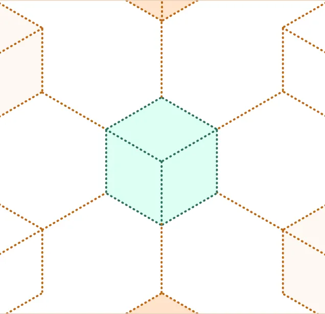 Hexagon grid pattern with a solid green center hexagon and orange-outlined hexagons on a white background.