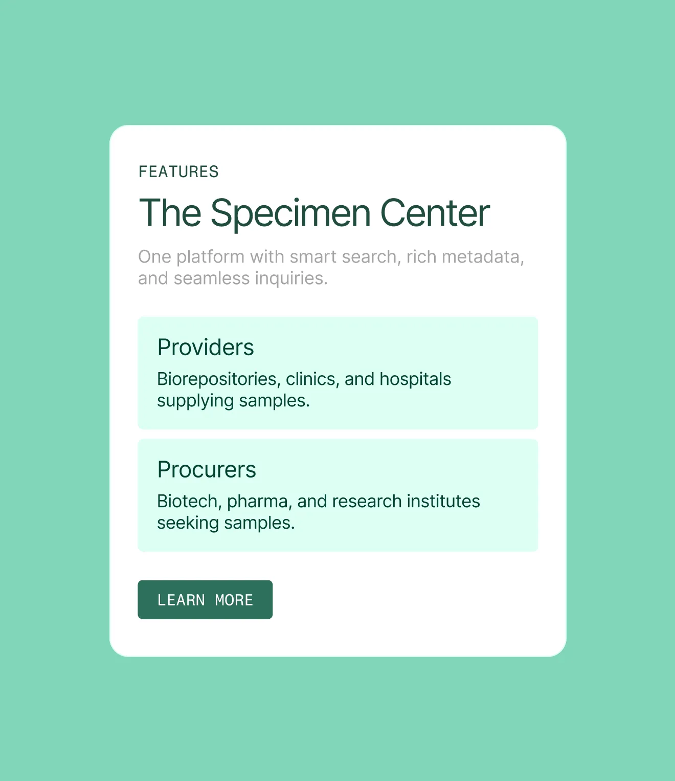 Interface for The Specimen Center with green background, sections for providers and procurers, and a Learn More button.
