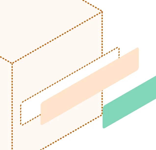 Minimalist orange-outlined 3D box with peach and green rectangles in front on a light background.