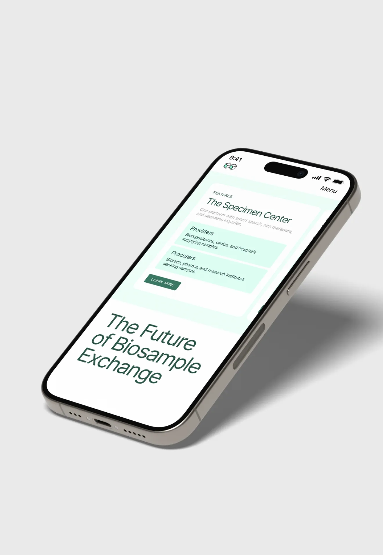Smartphone displaying a biosample exchange webpage with features for providers and procurers.