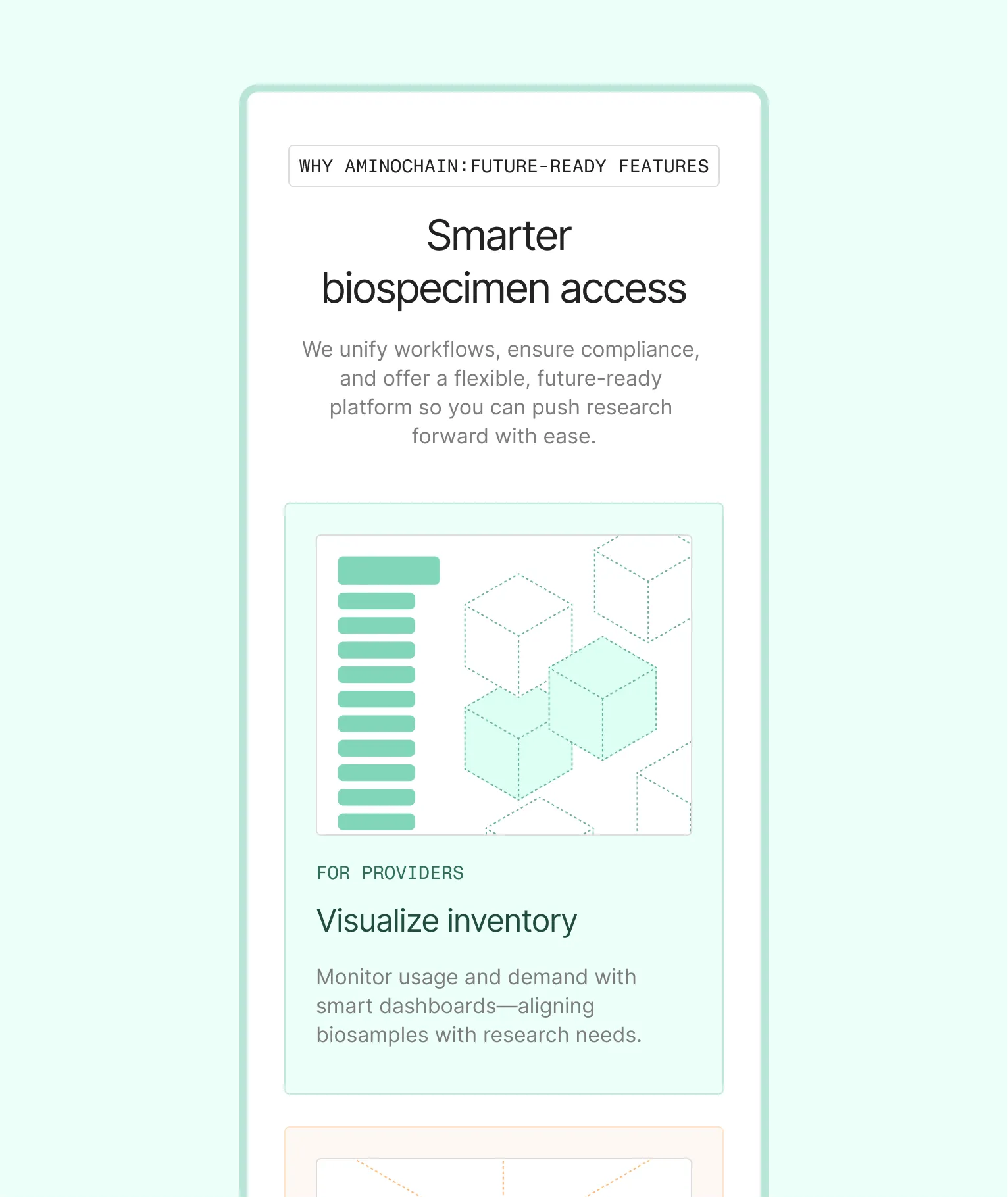 AminoChain platform promo with features for biospecimen access and provider inventory dashboards on a mint green background.