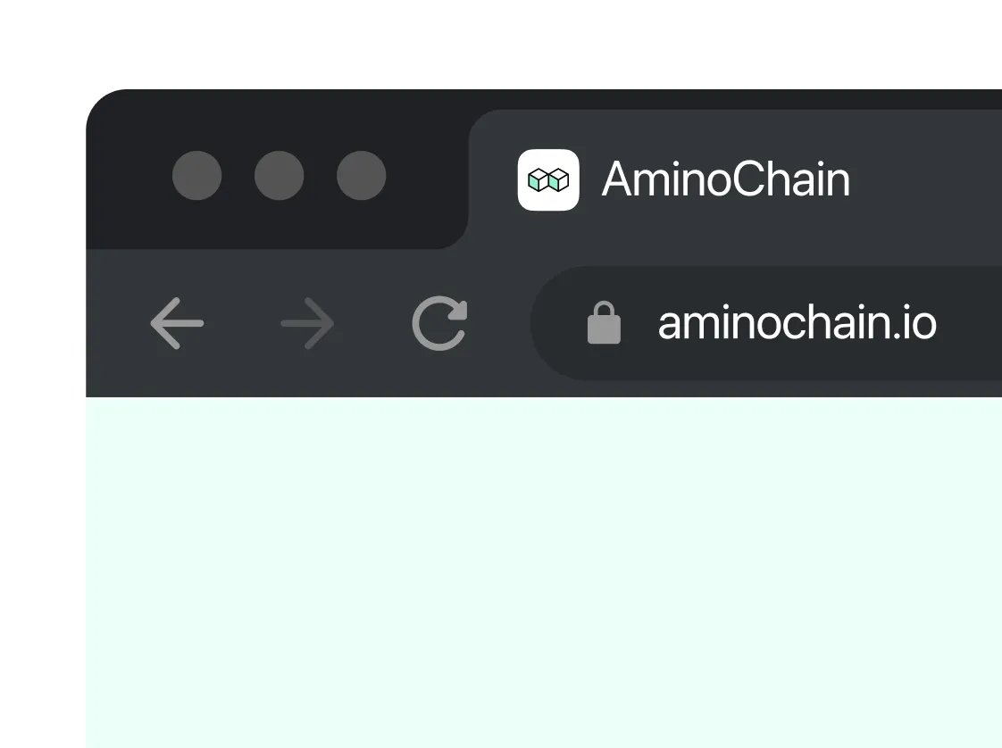 Web browser address bar showing AminoChain logo, site name, and secure URL aminochain.io.