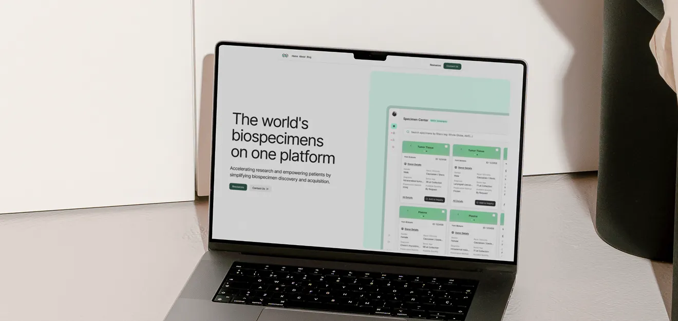 Laptop displaying a biospecimen platform webpage with clean design and green accents.
