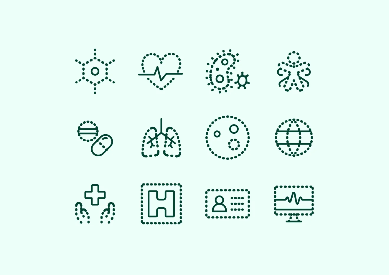 Grid of 12 dotted-line medical and science icons on a light green background.