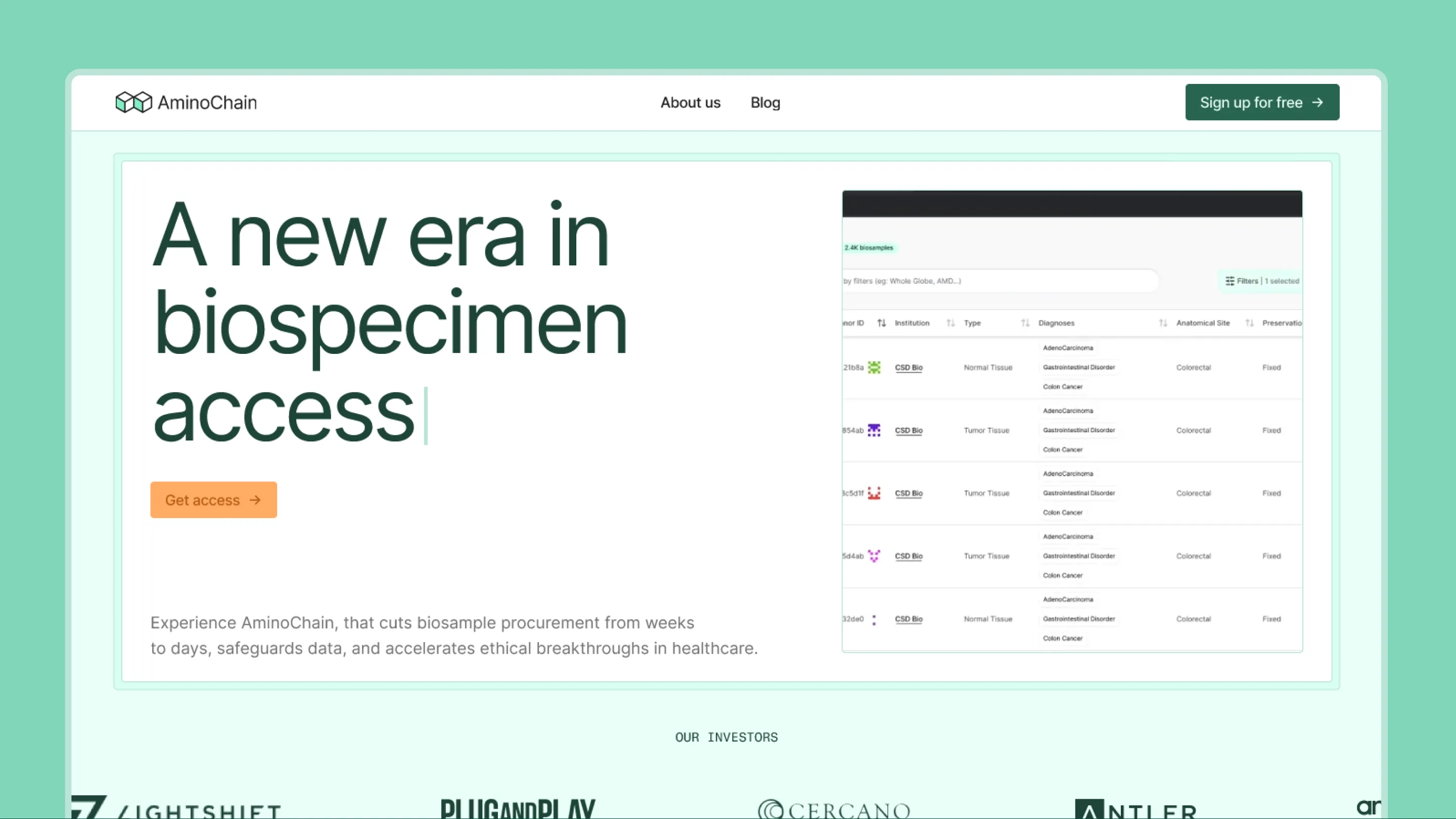 AminoChain webpage with heading, access button, biospecimen table, and investor logos on a light green background.