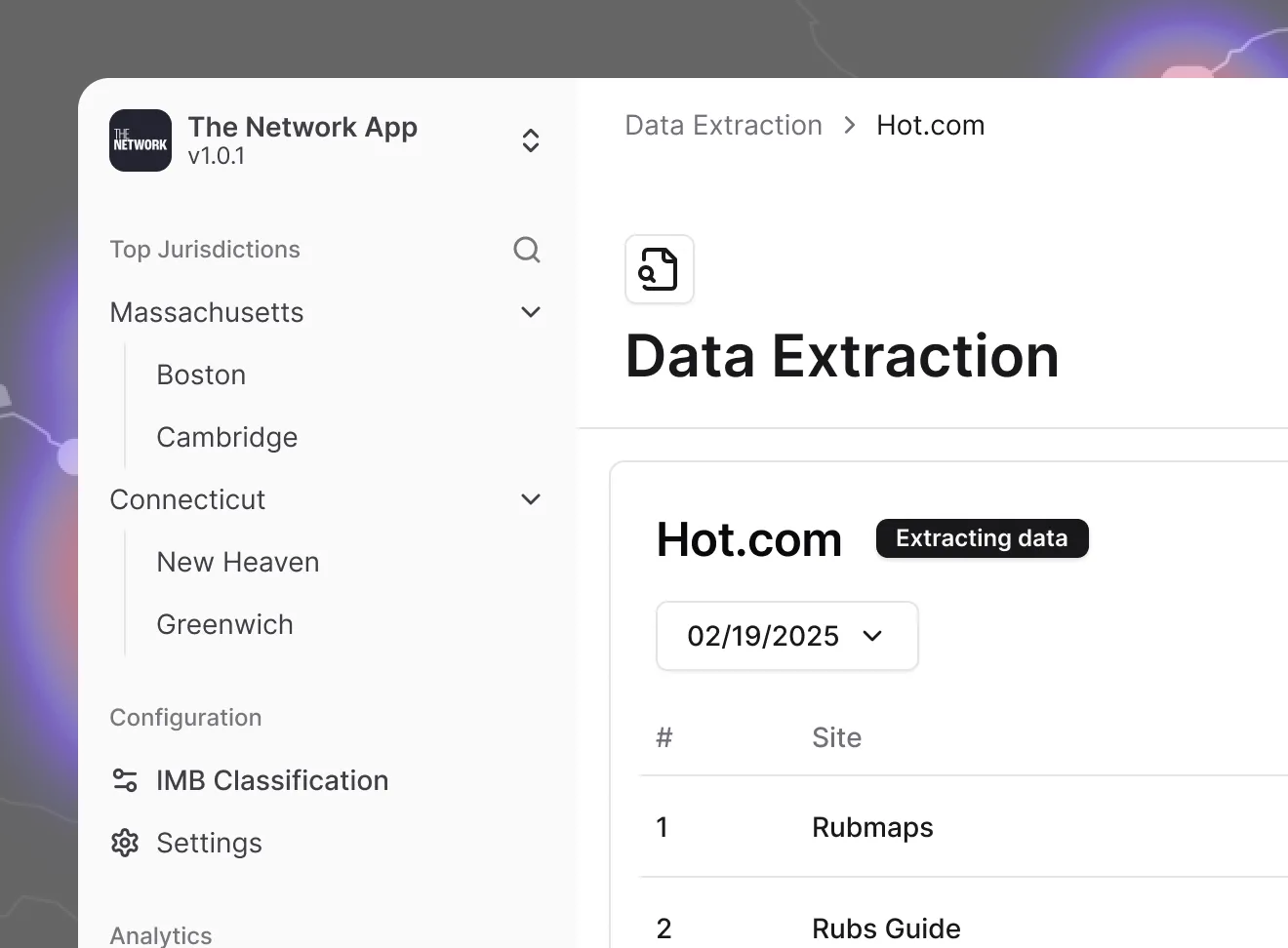 Data extraction dashboard for Hot.com showing source sites list.