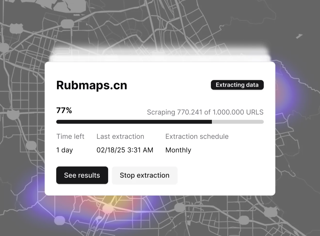 Rubmaps.cn data extraction at 77% with progress bar and time info.