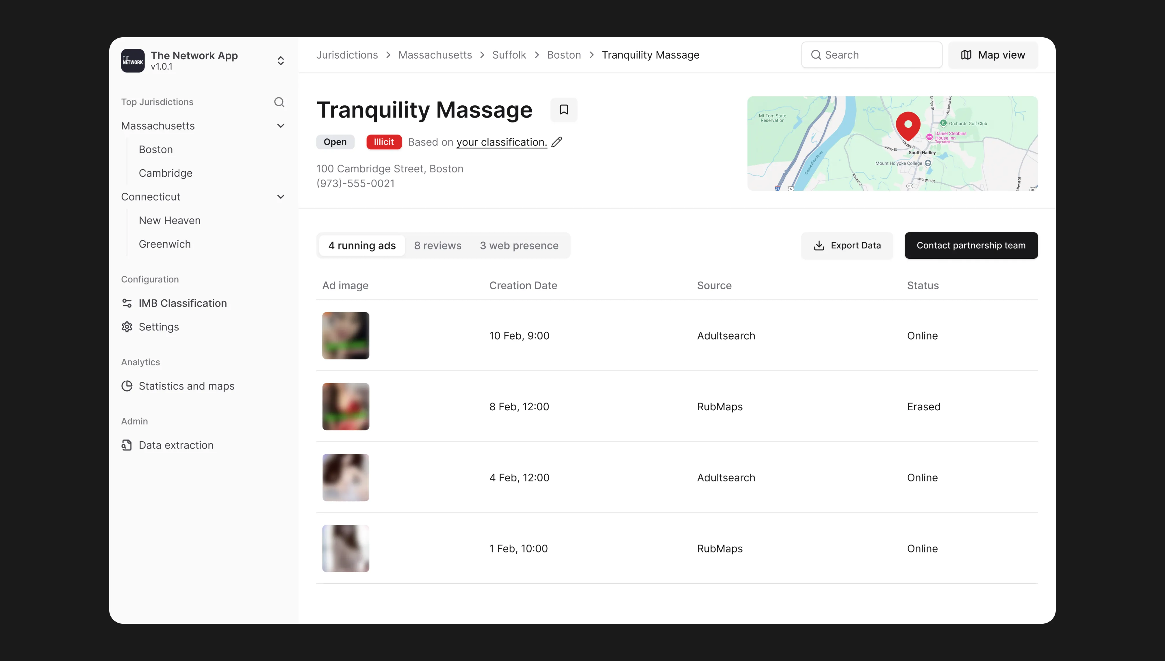Tranquility Massage profile with ad sources, map, and activity status.