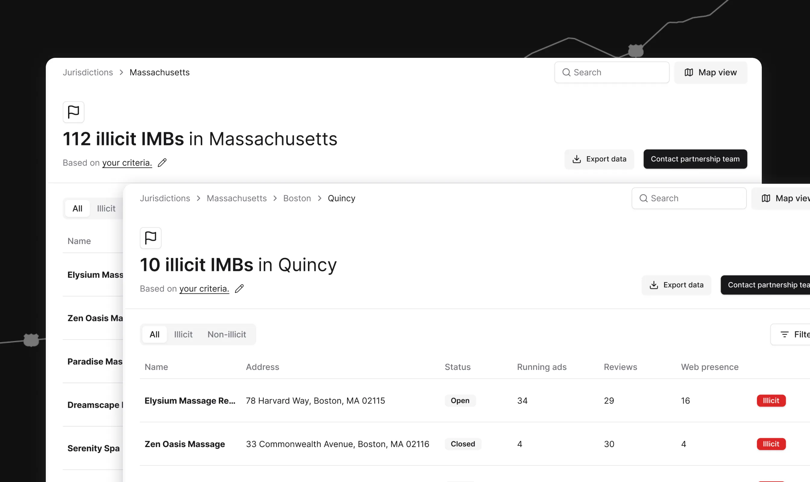 List of illicit IMBs in Massachusetts and Quincy with filter and export options.