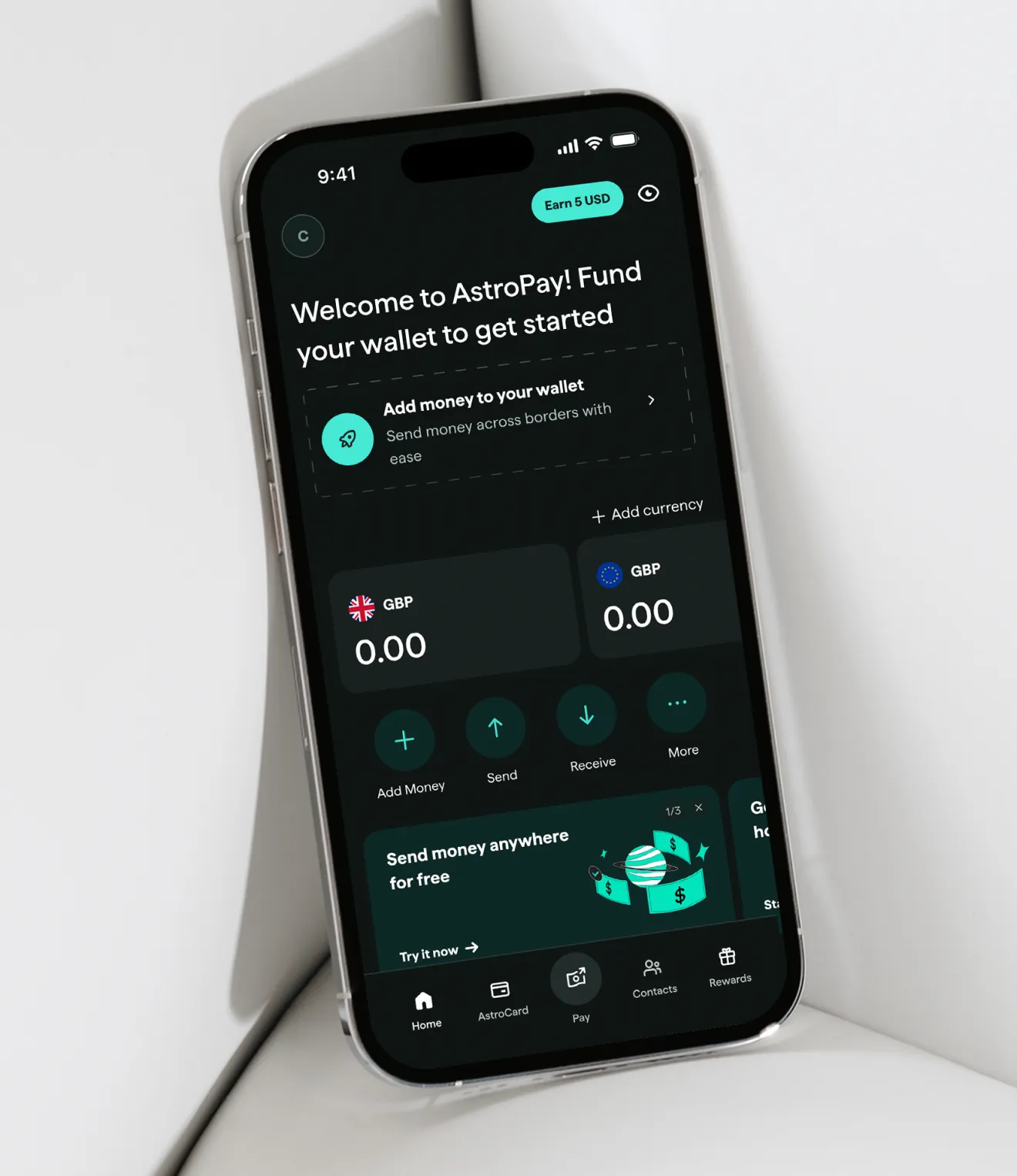 Smartphone displaying AstroPay app welcome screen designned by flexxi with options to fund wallet, add money, send, receive, and manage currencies in GBP.