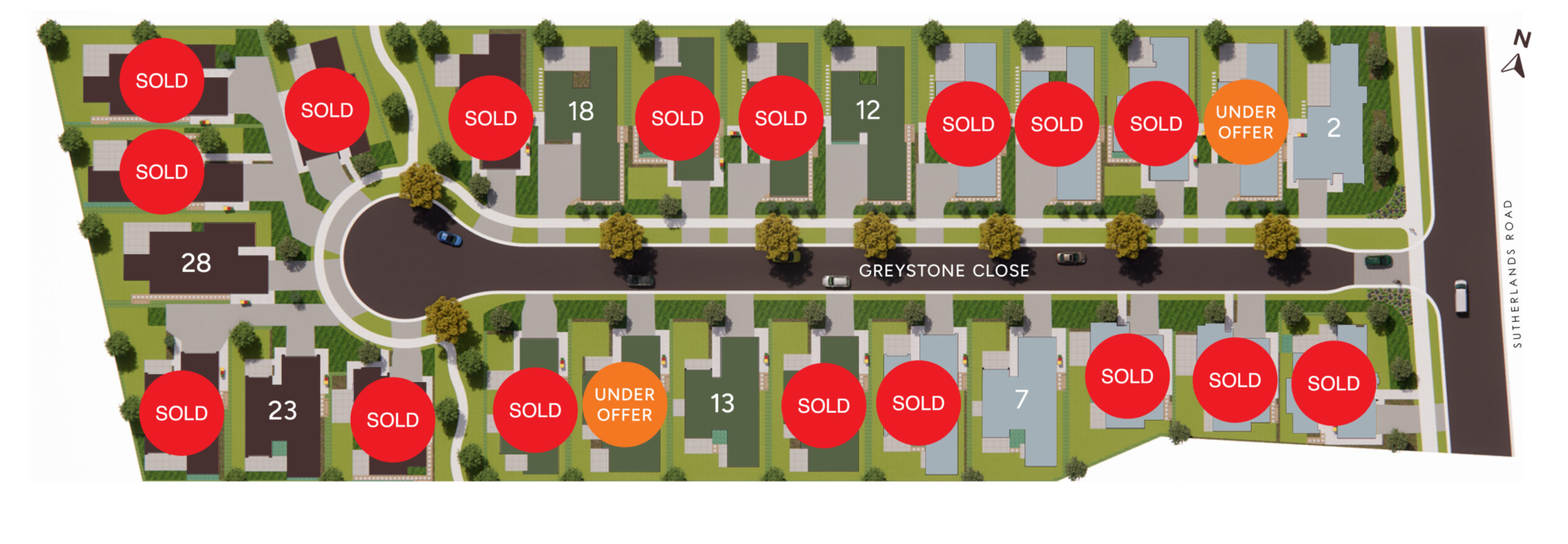 Site plan of Greystone Close. Lots marked sold or under offer are no longer available; the numbered lots are the homes above.