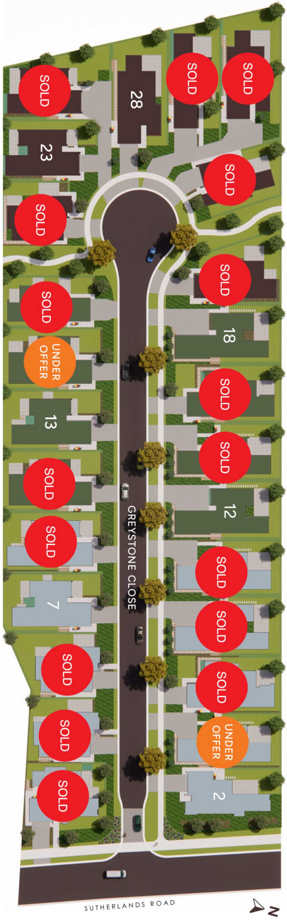 Site plan of Greystone Close. Lots marked sold or under offer are no longer available; the numbered lots are the homes above.