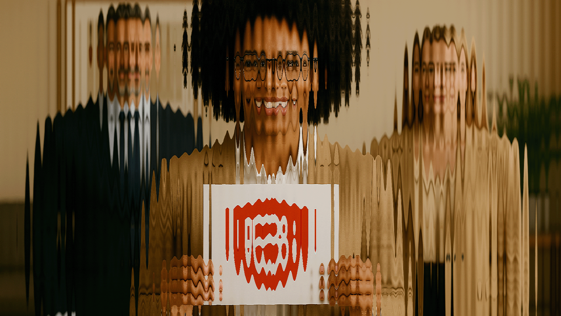 A blurred image of three business people smiling and the middle person holds a sign