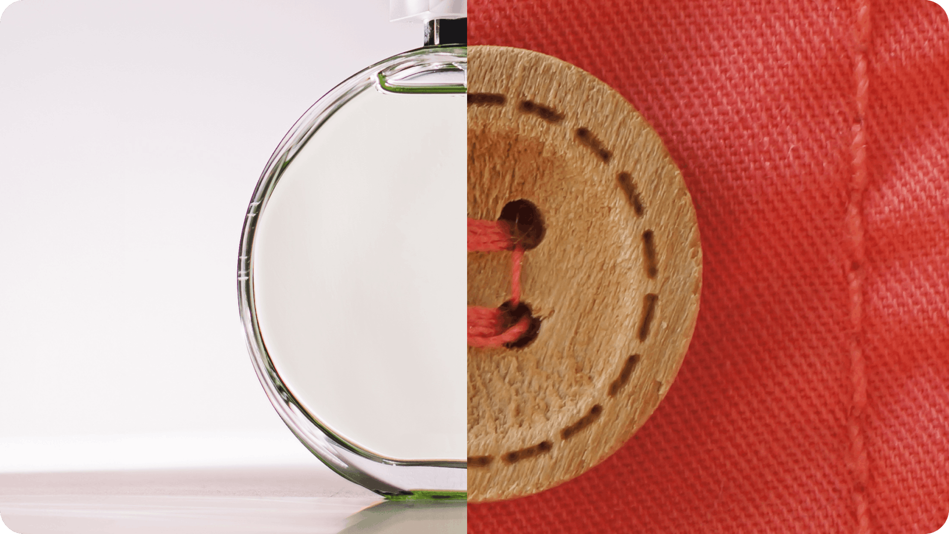 Split image of perfume bottle on left and wooden button on red fabric on right.