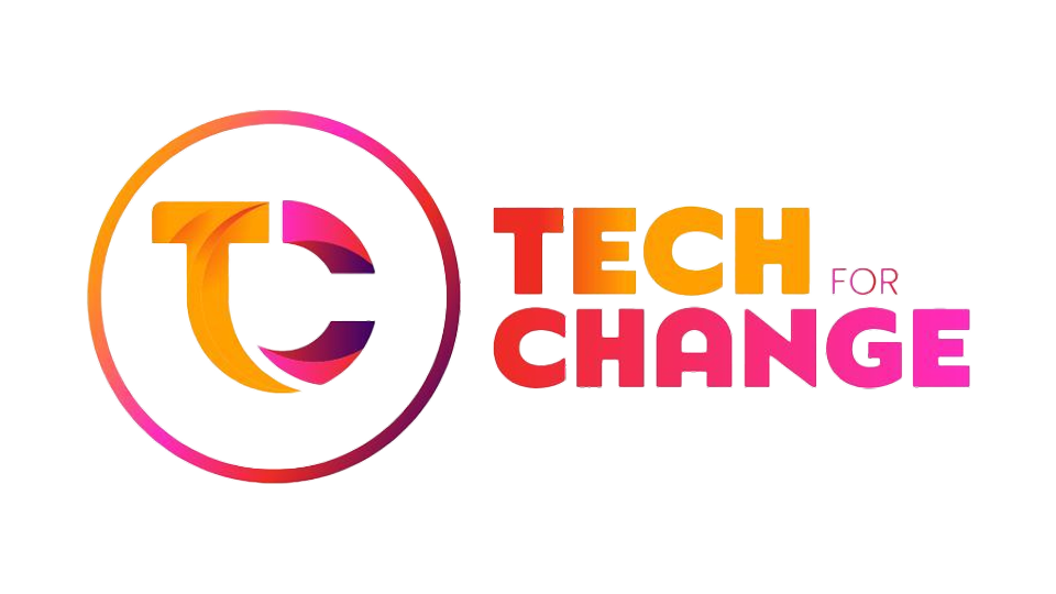 Tech for Change logo with stylized TC letters inside a colorful circle on a black background.
