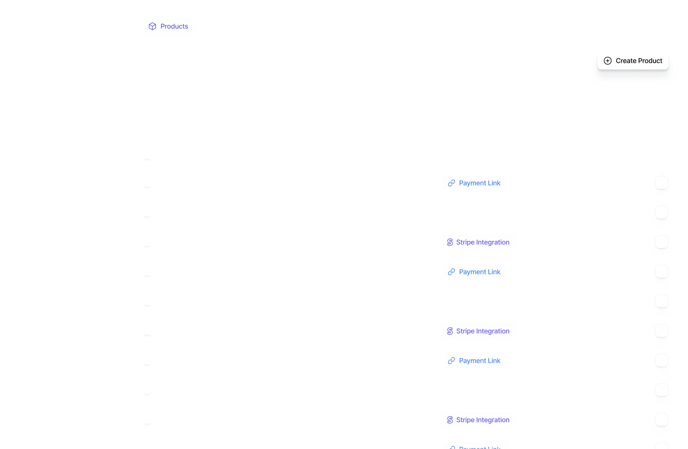 User interface displaying a list of products with options for Stripe Integration and Payment Link, and a Create Product button.