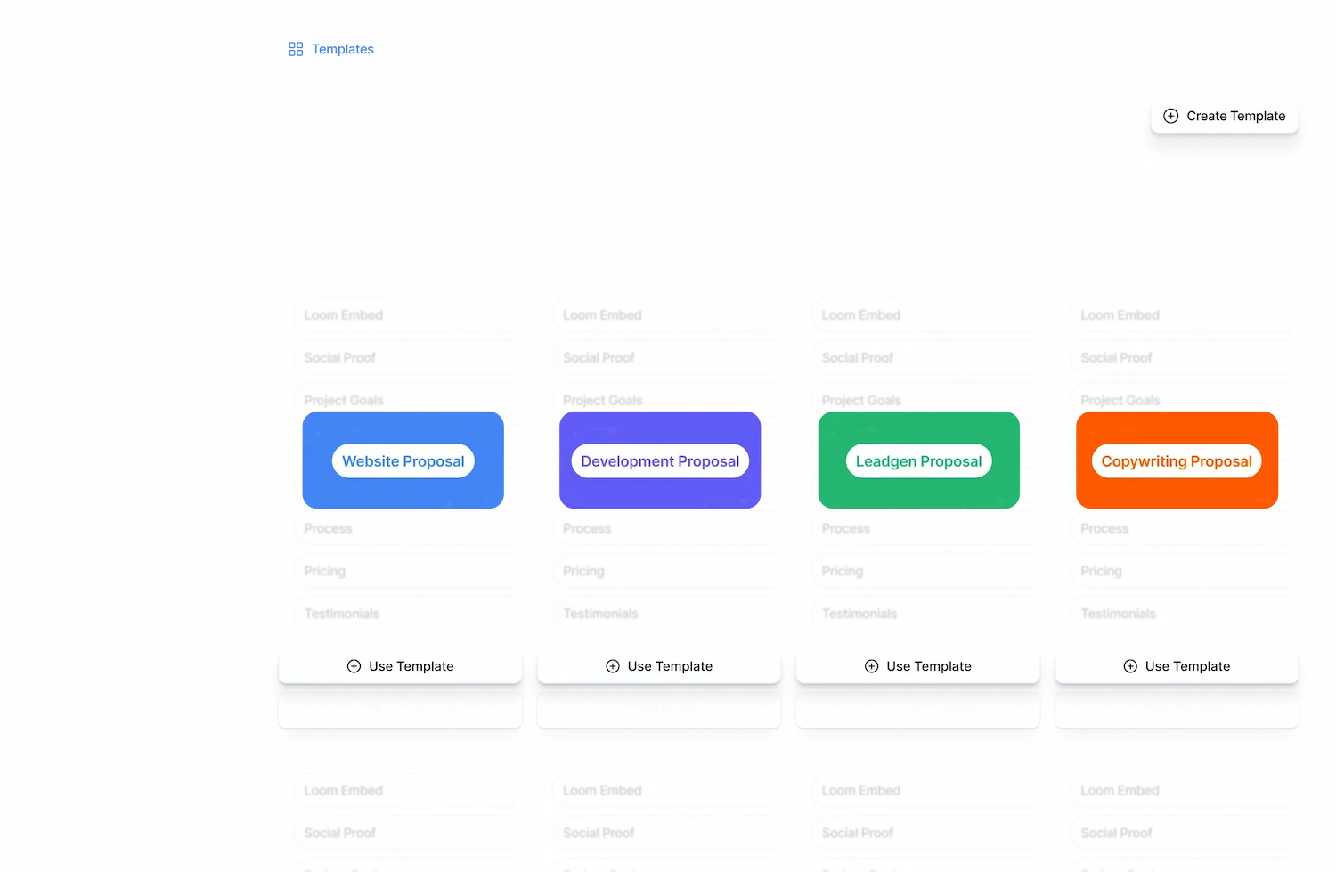 Screen showing four proposal template cards labeled Website Proposal, Development Proposal, Leadgen Proposal, and Copywriting Proposal with a Create Template button on the top right.