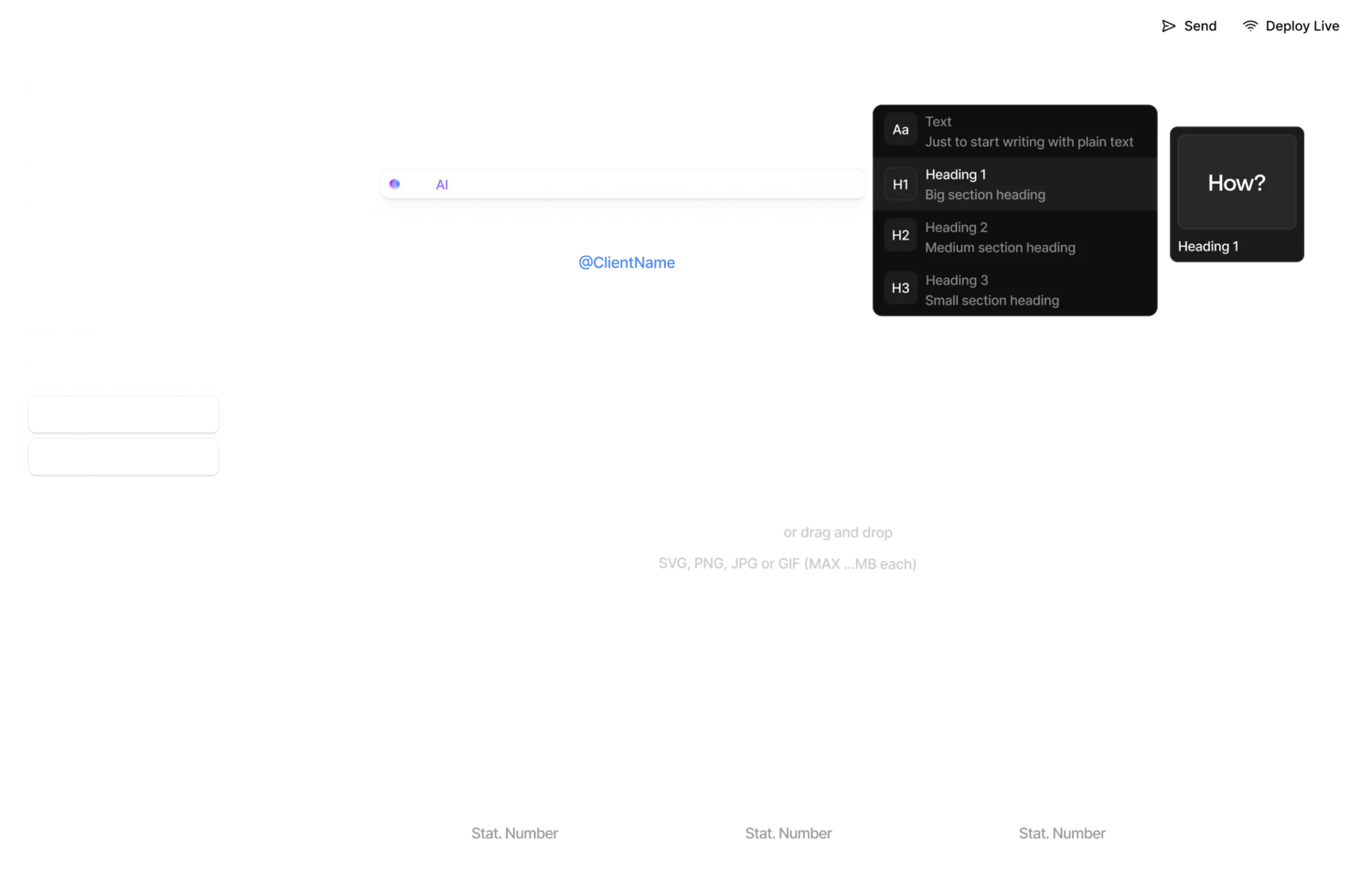 User interface screen with a side menu, text input bar displaying 'AI', heading style options menu, and a button labeled 'How?'