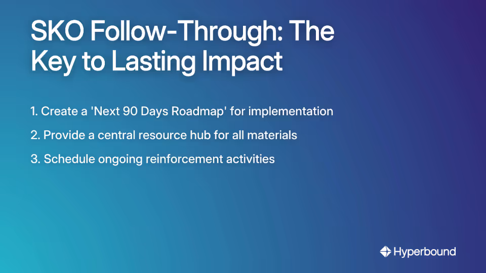 SKO Follow-Through: The Key to Lasting Impact. The list includes: 1. Create a 'Next 90 Days Roadmap' for implementation. 2. Provide a central resource hub for all materials. 3. Schedule ongoing reinforcement activities.