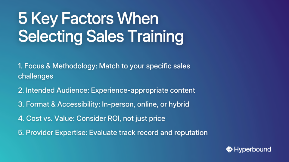 5 Key Factors When Selecting Sales Training: 1. Focus & Methodology, 2. Intended Audience, 3. Format & Accessibility, 4. Cost vs. Value, 5. Provider Expertise.
