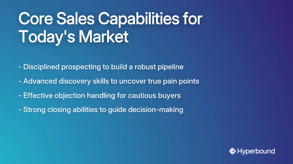 Core Sales Capabilities for Today's Market: - Disciplined prospecting to build a robust pipeline, - Advanced discovery skills to uncover true pain points, - Effective objection handling for cautious buyers, - Strong closing abilities to guide decision-making