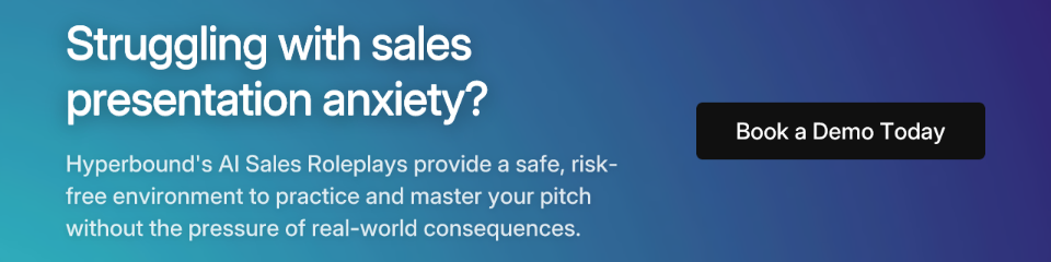 Struggling with sales presentation anxiety? Hyperbound's AI Sales Roleplays provide a safe, risk-free environment to practice and master your pitch without the pressure of real-world consequences. Book a Demo Today