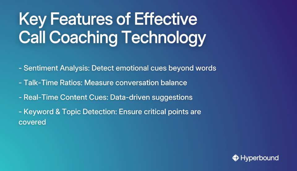 Key Features of Effective Call Coaching Technology: - Sentiment Analysis: Detect emotional cues beyond words, - Talk-Time Ratios: Measure conversation balance, - Real-Time Content Cues: Data-driven suggestions, - Keyword & Topic Detection: Ensure critical points are covered