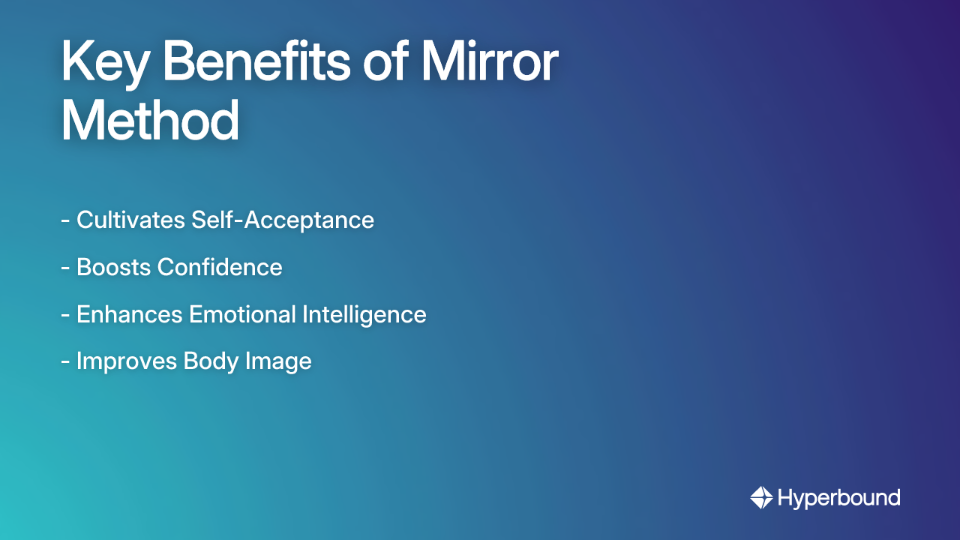 Key Benefits of Mirror Method: Cultivates Self-Acceptance, Boosts Confidence, Enhances Emotional Intelligence, Improves Body Image.