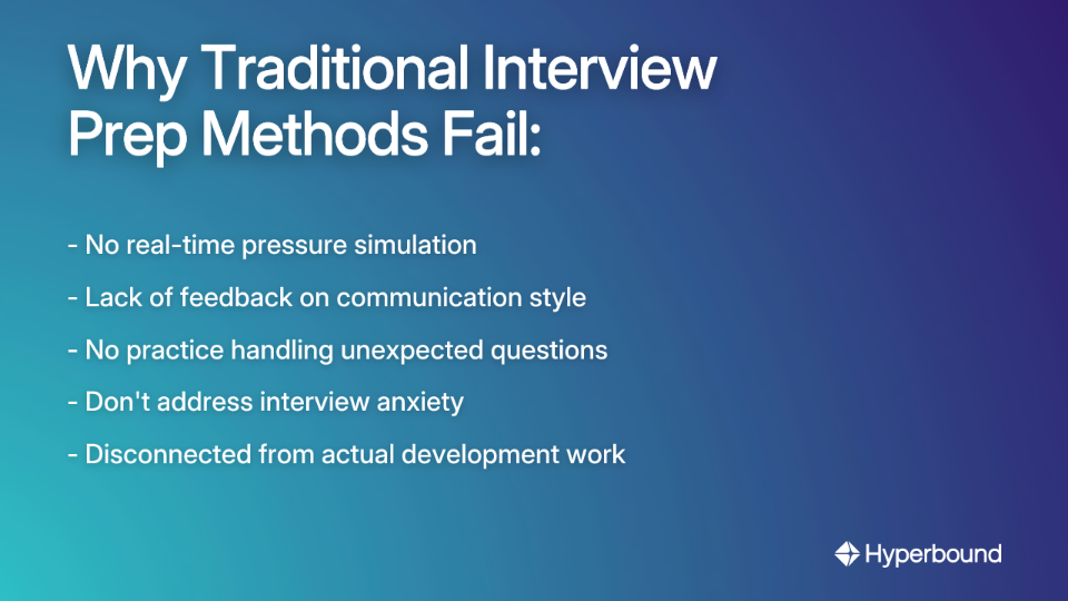 Why Traditional Interview Prep Methods Fail: - No real-time pressure simulation, - Lack of feedback on communication style, - No practice handling unexpected questions, - Don't address interview anxiety, - Disconnected from actual development work