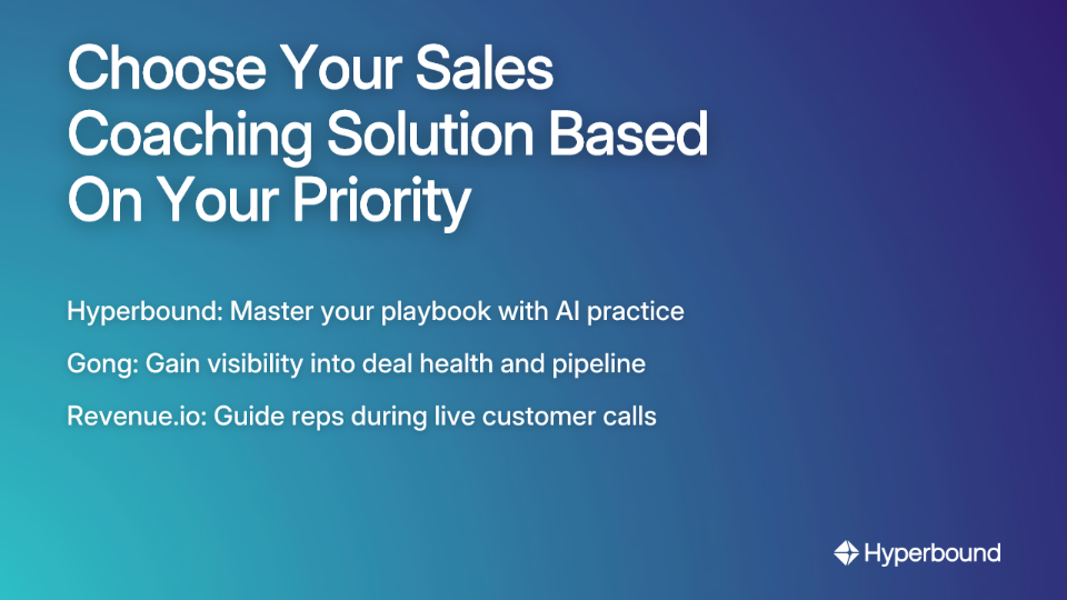 Choose Your Sales Coaching Solution Based On Your Priority: Hyperbound for AI practice, Gong for deal visibility, Revenue.io for live call guidance.
