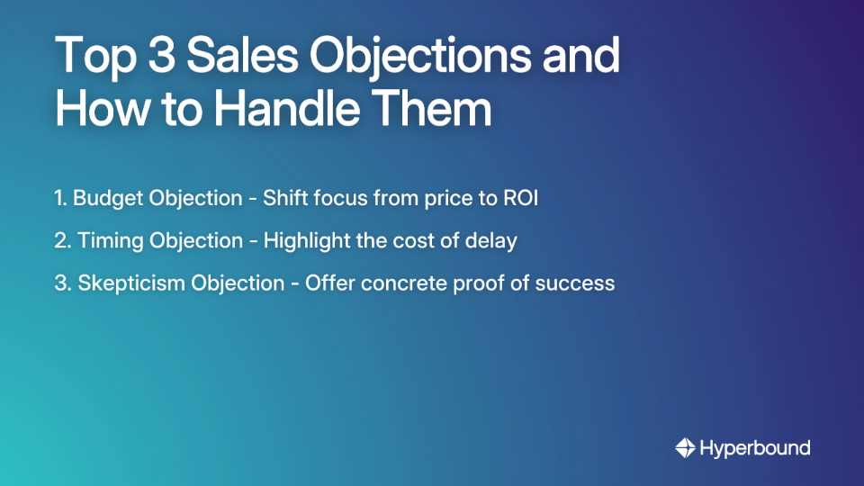 An infographic on the top 3 sales objections and how to handle them: budget objection (focus on ROI), timing objection (highlight cost of delay), and skepticism objection (offer proof).
