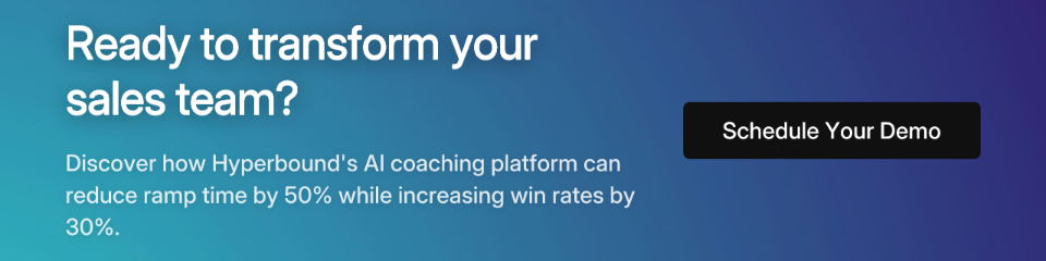 A call-to-action for Hyperbound. Text reads: Ready to transform your sales team? Discover how Hyperbound's AI coaching platform can reduce ramp time by 50% while increasing win rates by 30%. Schedule Your Demo.