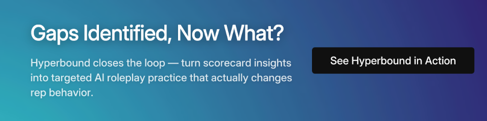 Gaps Identified, Now What? Hyperbound closes the loop — turn scorecard insights into targeted AI roleplay practice that actually changes rep behavior. See Hyperbound in Action