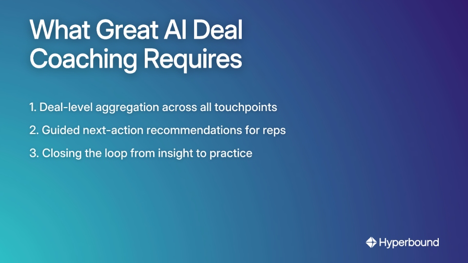 What Great AI Deal Coaching Requires: 1. Deal-level aggregation, 2. Guided next-action recommendations, 3. Closing the loop from insight to practice.