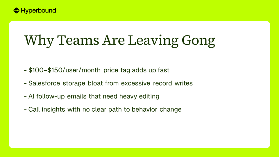 Why Teams Are Leaving Gong: high price, Salesforce storage bloat, poor AI emails, and lack of behavior change insights.