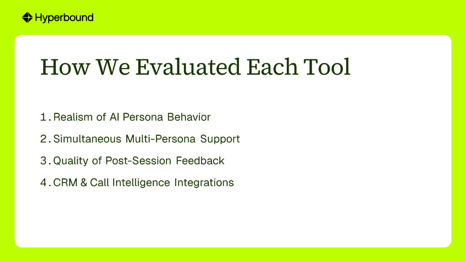 How We Evaluated Each Tool: 1. Realism of AI Persona Behavior, 2. Simultaneous Multi-Persona Support, 3. Quality of Post-Session Feedback, 4. CRM & Call Intelligence Integrations