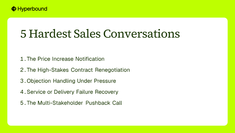 5 Hardest Sales Conversations: 1. The Price Increase Notification, 2. The High-Stakes Contract Renegotiation, 3. Objection Handling Under Pressure, 4. Service or Delivery Failure Recovery, 5. The Multi-Stakeholder Pushback Call