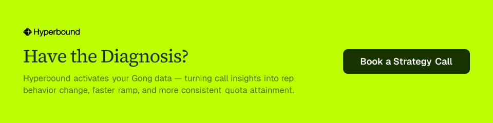 Have the Diagnosis? Hyperbound activates your Gong data — turning call insights into rep behavior change, faster ramp, and more consistent quota attainment. Book a Strategy Call