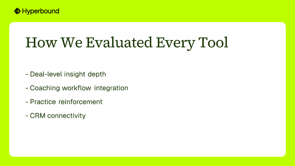 How We Evaluated Every Tool: Deal-level insight depth, Coaching workflow integration, Practice reinforcement, CRM connectivity