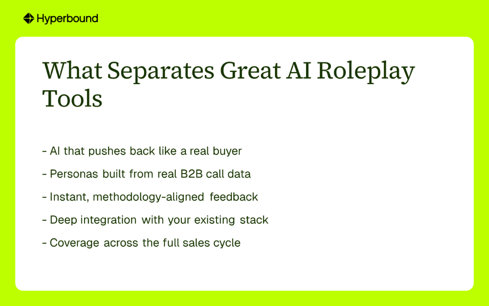 What Separates Great AI Roleplay Tools: AI that pushes back, personas from real data, instant feedback, deep integration, and full-cycle coverage
