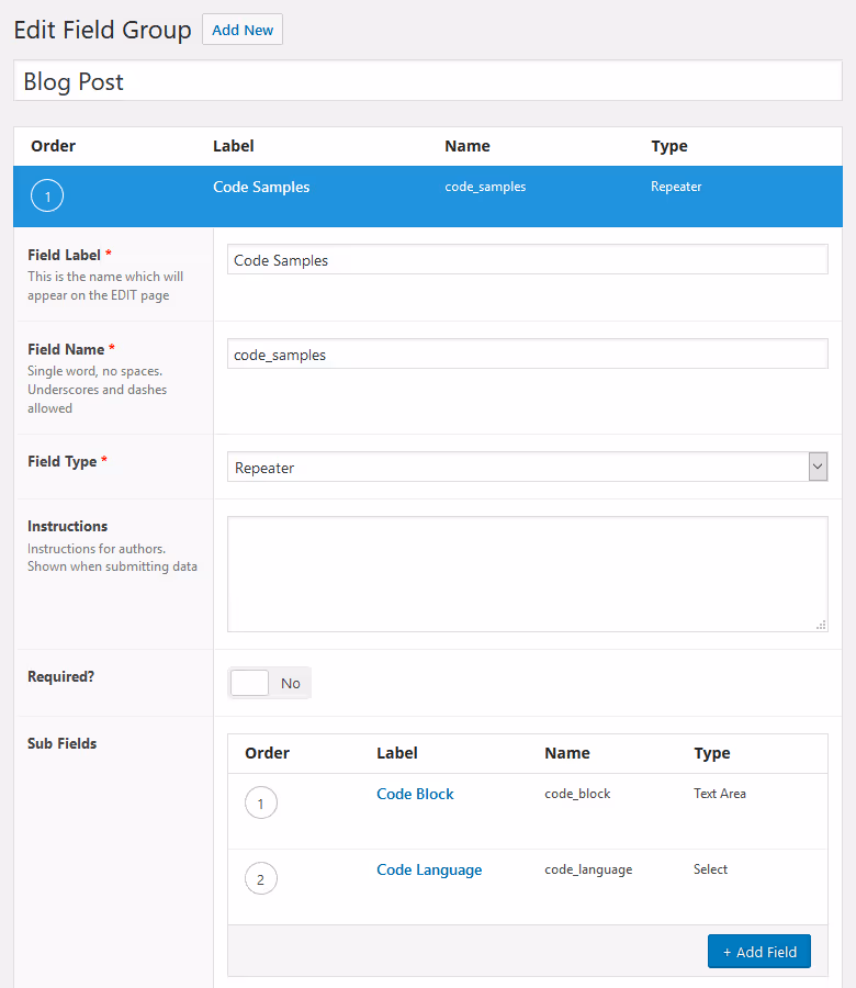 Code Samples in ACF