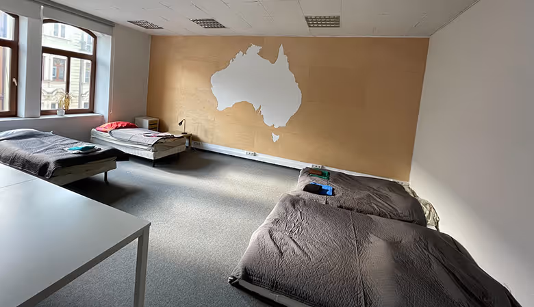 An office turned into refugee shelter.