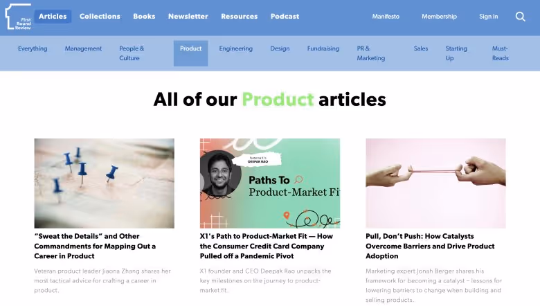 First Round Review website layout.