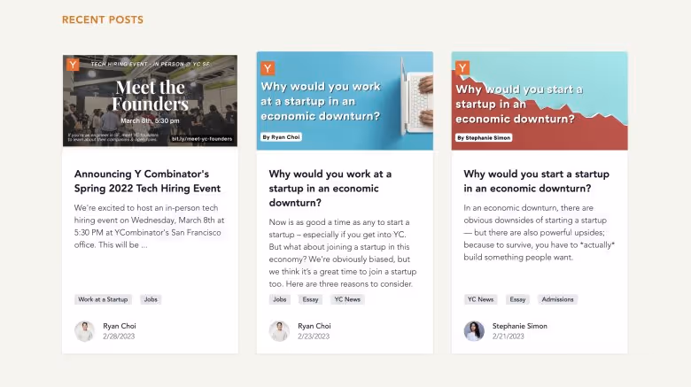 Y Combinator website with entrepreneur blogs